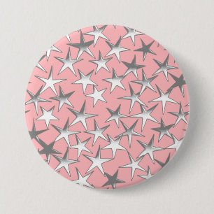 Badge Rond 7,6 Cm Étoiles d'argent, sur rose coquille