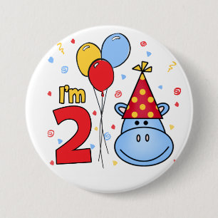 Badge Rond 7,6 Cm Face Hippo bleu 2e anniversaire
