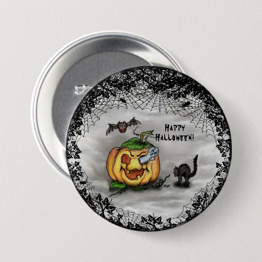 Badge Rond 7,6 Cm Fantôme, chauve-souris et chat, Bonne Halloween ! (Devant & derrière)