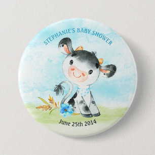 Badge Rond 7,6 Cm Ferme de Baby shower de la vache-chien Watercolor