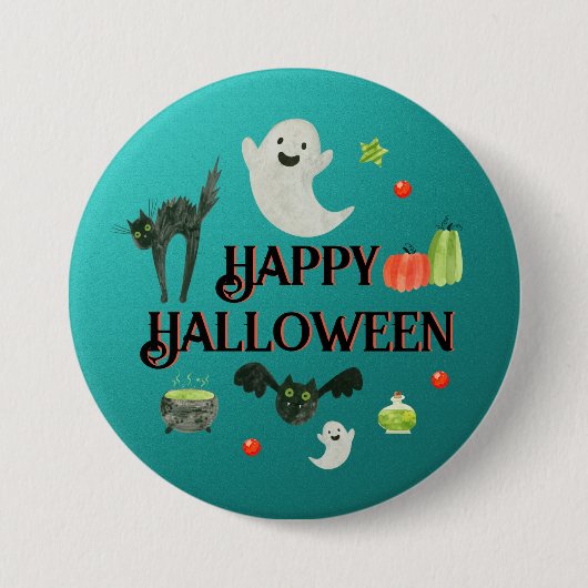Badge Rond 7,6 Cm Fête d'Halloween Turquoise et vert (Devant)