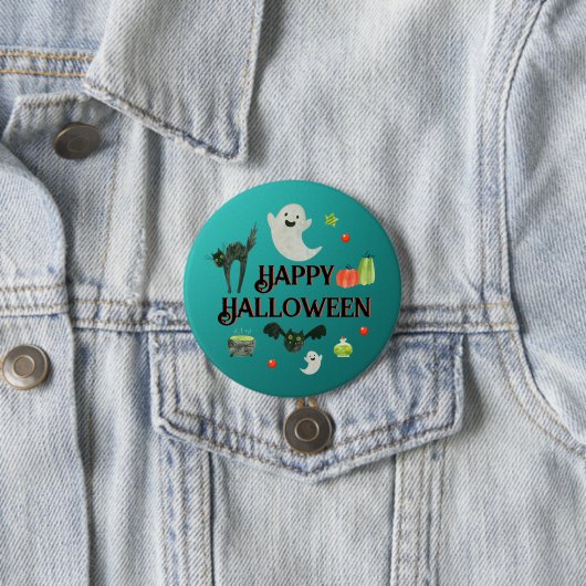 Badge Rond 7,6 Cm Fête d'Halloween Turquoise et vert (En situation)