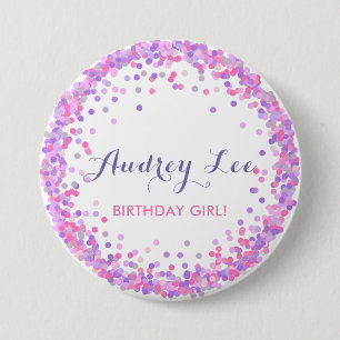 Badge Rond 7,6 Cm Fille d'anniversaire de confetti rose et violet