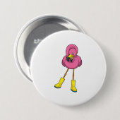 Badge Rond 7,6 Cm Flamant rose à la pluie avec bottes en caoutchouc (Devant & derrière)