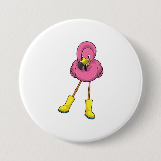 Badge Rond 7,6 Cm Flamant rose à la pluie avec bottes en caoutchouc (Devant)