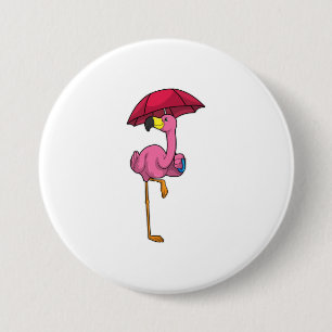 Badge Rond 7,6 Cm Flamant rose à la pluie avec parapluie