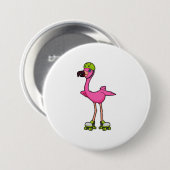 Badge Rond 7,6 Cm Flamant rose comme Patineur avec Roller Patins & C (Devant & derrière)