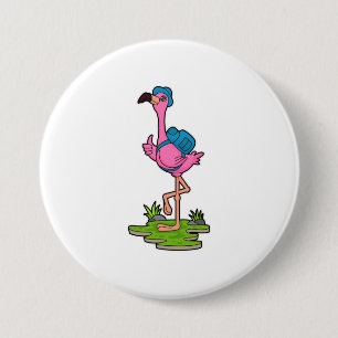 Badge Rond 7,6 Cm Flamant rose comme randonneur avec sac à dos