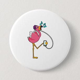 Badge Rond 7,6 Cm Flamingo at Music with Headphone