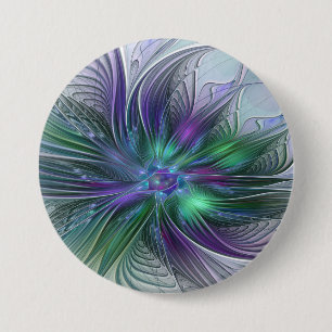 Badge Rond 7,6 Cm Fleur Abstraite Moderne Art Fractal Vert Violet
