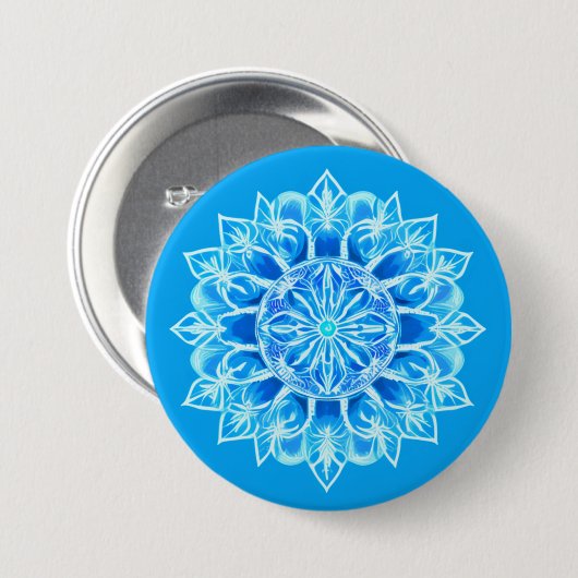Badge Rond 7,6 Cm Fleur Batik Mandala en Turquoise (Devant & derrière)