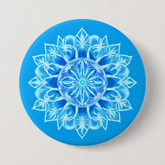 Badge Rond 7,6 Cm Fleur Batik Mandala en Turquoise (Devant)