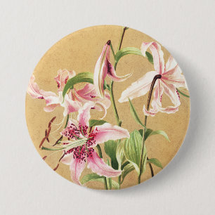 Badge Rond 7,6 Cm Fleur Botanique Art Déco Lys Oriental Rose Vintage