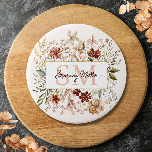 Badge Rond 7,6 Cm Fleur Florale Élégante Monogramme Aquarelle Automn