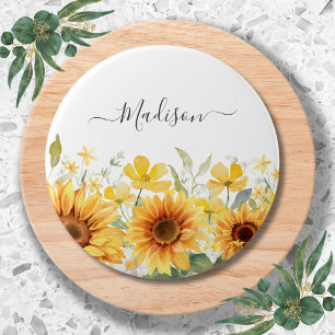 Badge Rond 7,6 Cm Fleur jaune de tournesol botanique monogramme