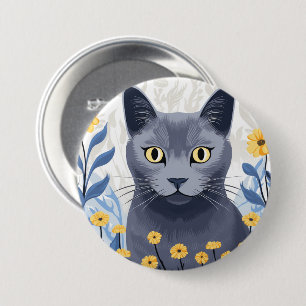 Badge Rond 7,6 Cm Fleurs Jaunes Chat Bleu Russe