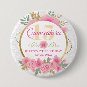 Badge Rond 7,6 Cm Fleurs roses aquarelle et Quinceañera feuille d'or