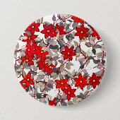 Badge Rond 7,6 Cm Fleurs rouges et feuilles gris argenté (Devant)