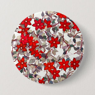 Badge Rond 7,6 Cm Fleurs rouges et feuilles gris argenté