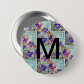 Badge Rond 7,6 Cm Fleurs violettes et bleues Carrés Zigzags (Devant & derrière)