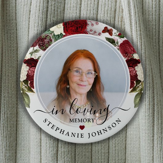 Badge Rond 7,6 Cm Floral Bourgogne en mémoire d'amour