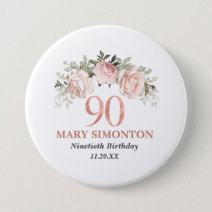 Badge Rond 7,6 Cm Floral or rose pâle 90e anniversaire