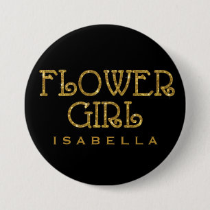 Badge Rond 7,6 Cm Flower Girl Gold Faux Nom de la Parties scintillan