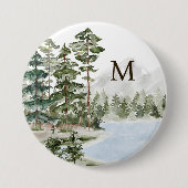 Badge Rond 7,6 Cm Forêt de pin vert monogramme et lac (Devant)