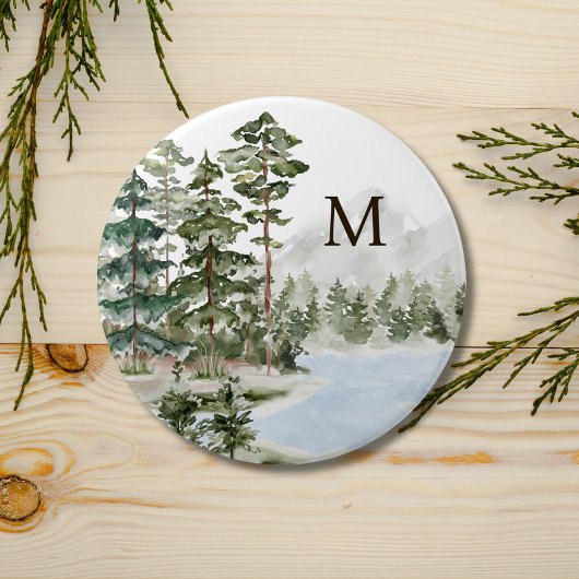 Badge Rond 7,6 Cm Forêt de pin vert monogramme et lac
