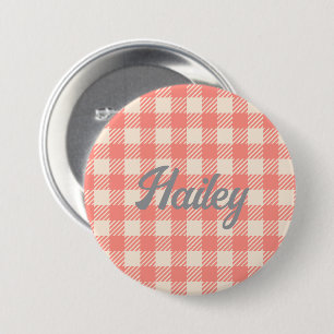 Badge Rond 7,6 Cm Fun Cute pêche rose en vichy preppy plaid coché