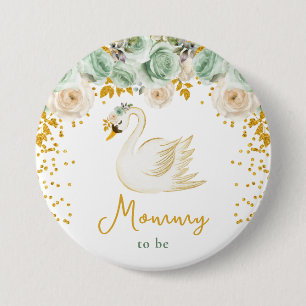 Badge Rond 7,6 Cm Futur Maman Roses Vert Sauge et Or de Cygne