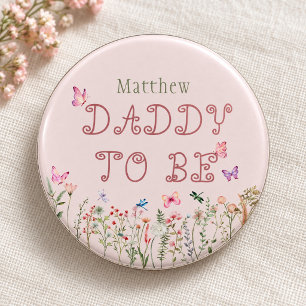 Badge Rond 7,6 Cm Futur Papa Fleur Sauvage Rose Papillon Baby Shower