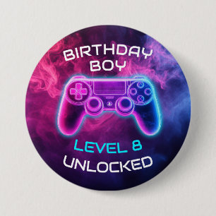 Badge Rond 7,6 Cm Garçons Niveau De Jeu Vidéo Déverrouillé Anniversa