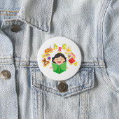 Badge Rond 7,6 Cm Girl Reading Learning ABC Letters and Toys