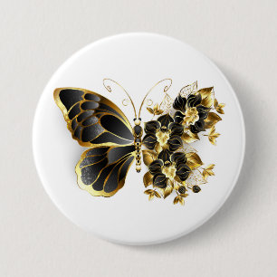 Badge Rond 7,6 Cm Gold flower Butterfly with Black Orchid