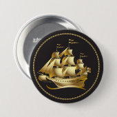 Badge Rond 7,6 Cm Gold Sailboat Nautical (Devant & derrière)