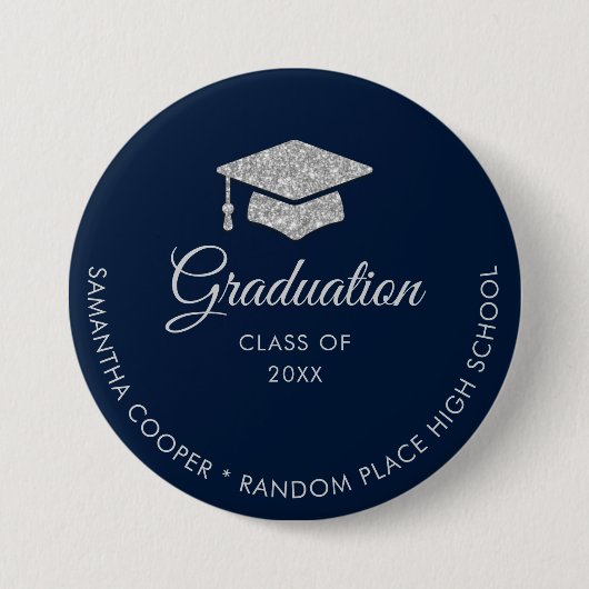 Badge Rond 7,6 Cm Graduation Typographie moderne Marine Script bleu (Devant)