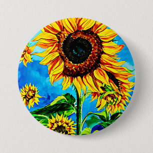 Badge Rond 7,6 Cm Grand tournesols aquarelle nature