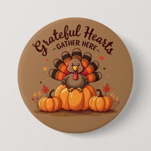 Badge Rond 7,6 Cm Grateful Hearts Thanksgiving Turkey (Devant)
