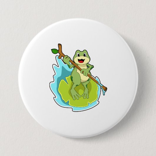Badge Rond 7,6 Cm Grenouille comme randonneur avec bâton (Devant)
