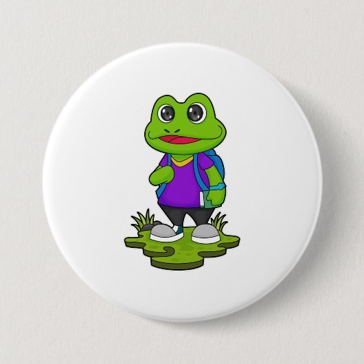 Badge Rond 7,6 Cm Grenouille comme randonneur avec sac à dos (Devant)