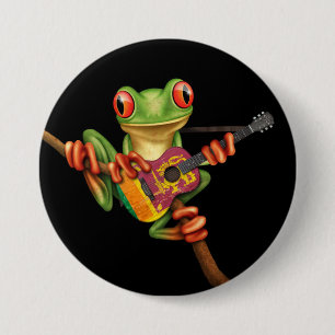 Badge Rond 7,6 Cm Grenouille d'arbre jouant le noir de guitare de