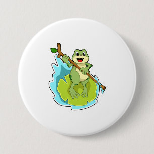 Badge Rond 7,6 Cm Grenouille en randonneur avec bâton