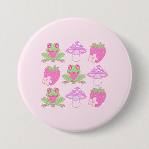Badge Rond 7,6 Cm Grenouille Kawaii, champignon et fraise
