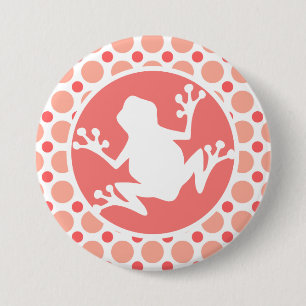 Badge Rond 7,6 Cm Grenouille ; Pois roses et coraux