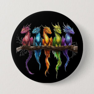 Badge Rond 7,6 Cm Groupe Arc-en-ciel de bébés dragons sur fond noir