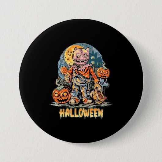 Badge Rond 7,6 Cm Halloween Et Chat (Devant)