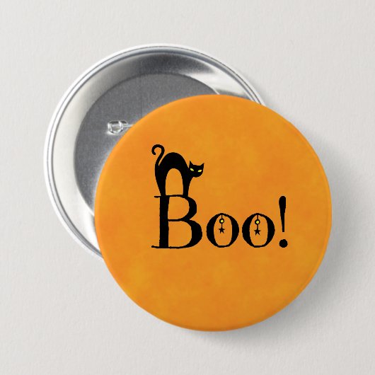 Badge Rond 7,6 Cm Halloween Orange - "Boo ! avec chat noir" (Devant & derrière)