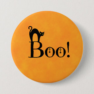 Badge Rond 7,6 Cm Halloween Orange - "Boo ! avec chat noir"