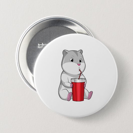 Badge Rond 7,6 Cm Hamster with Mug & Drinking straw (Devant & derrière)
